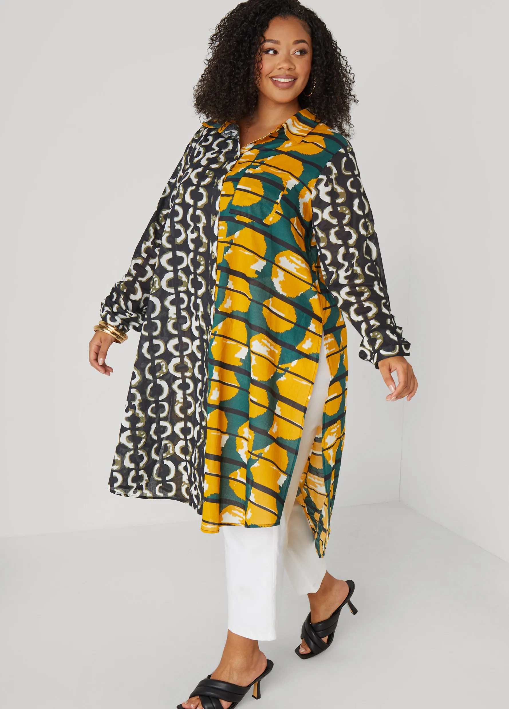 Sale Ashley Stewart Abstract Cotton Duster Shirt Multi