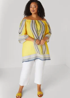 New Ashley Stewart Abstract Off The Shoulder Blouse Maize