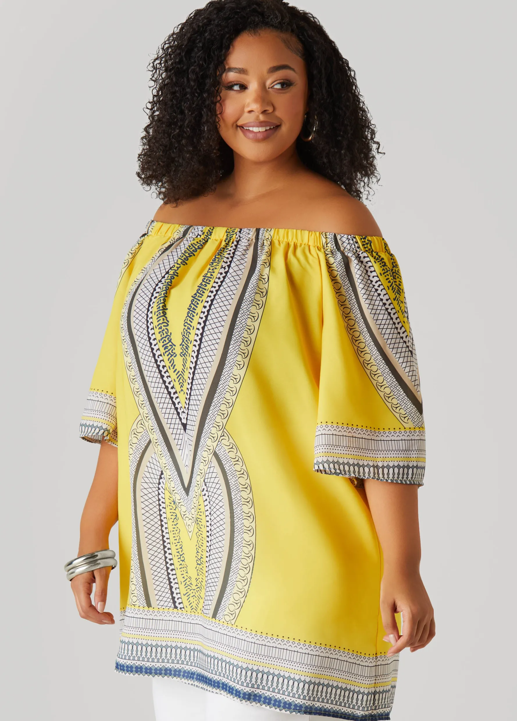 New Ashley Stewart Abstract Off The Shoulder Blouse Maize
