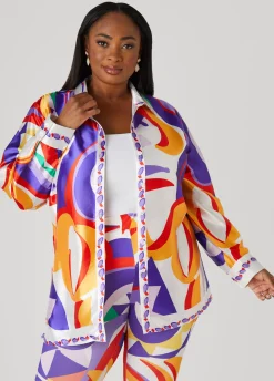 Fashion Ashley Stewart Abstract Print Satin Shirt Multi