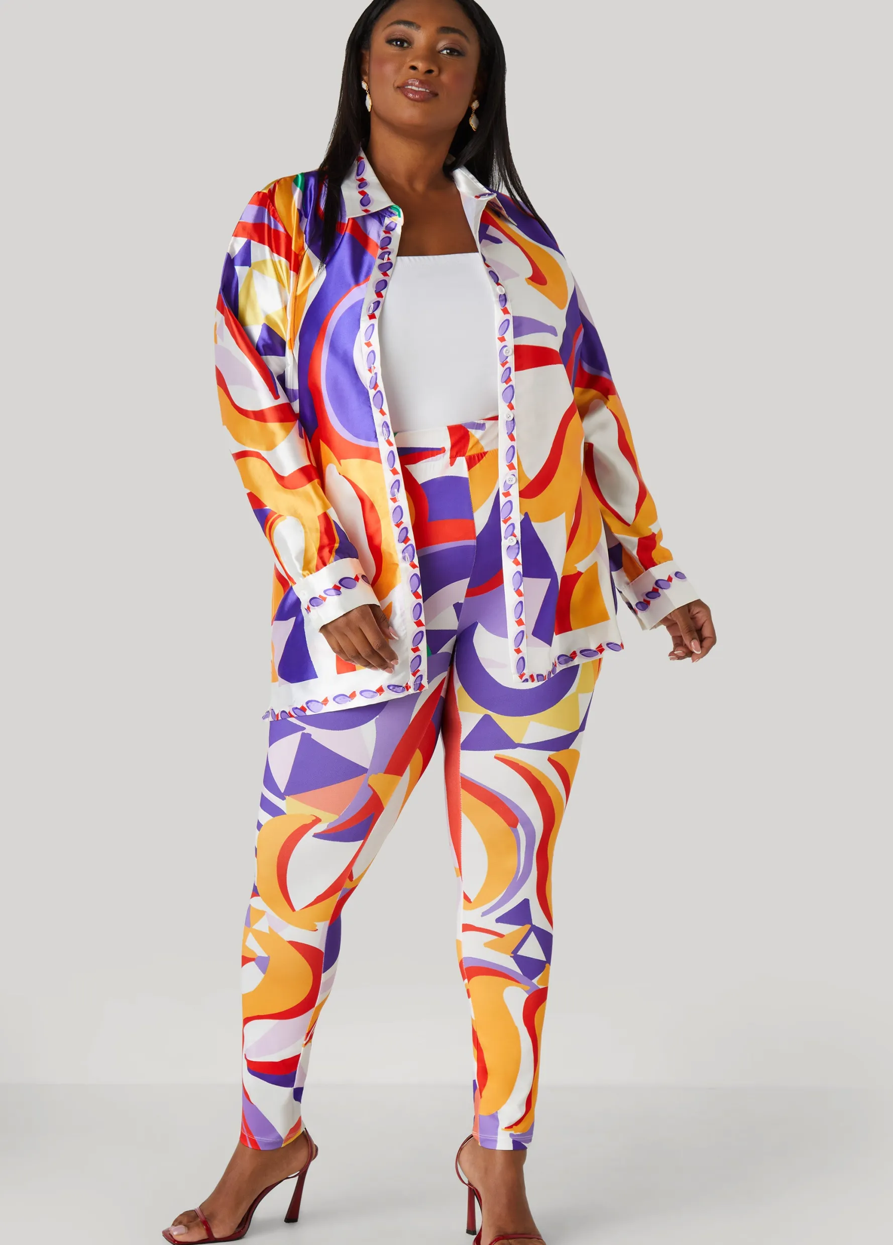 Fashion Ashley Stewart Abstract Print Satin Shirt Multi