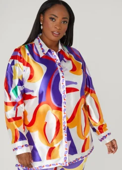Fashion Ashley Stewart Abstract Print Satin Shirt Multi
