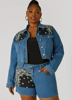 Clearance Ashley Stewart Bandana Print Cropped Denim Jacket Denim Blue