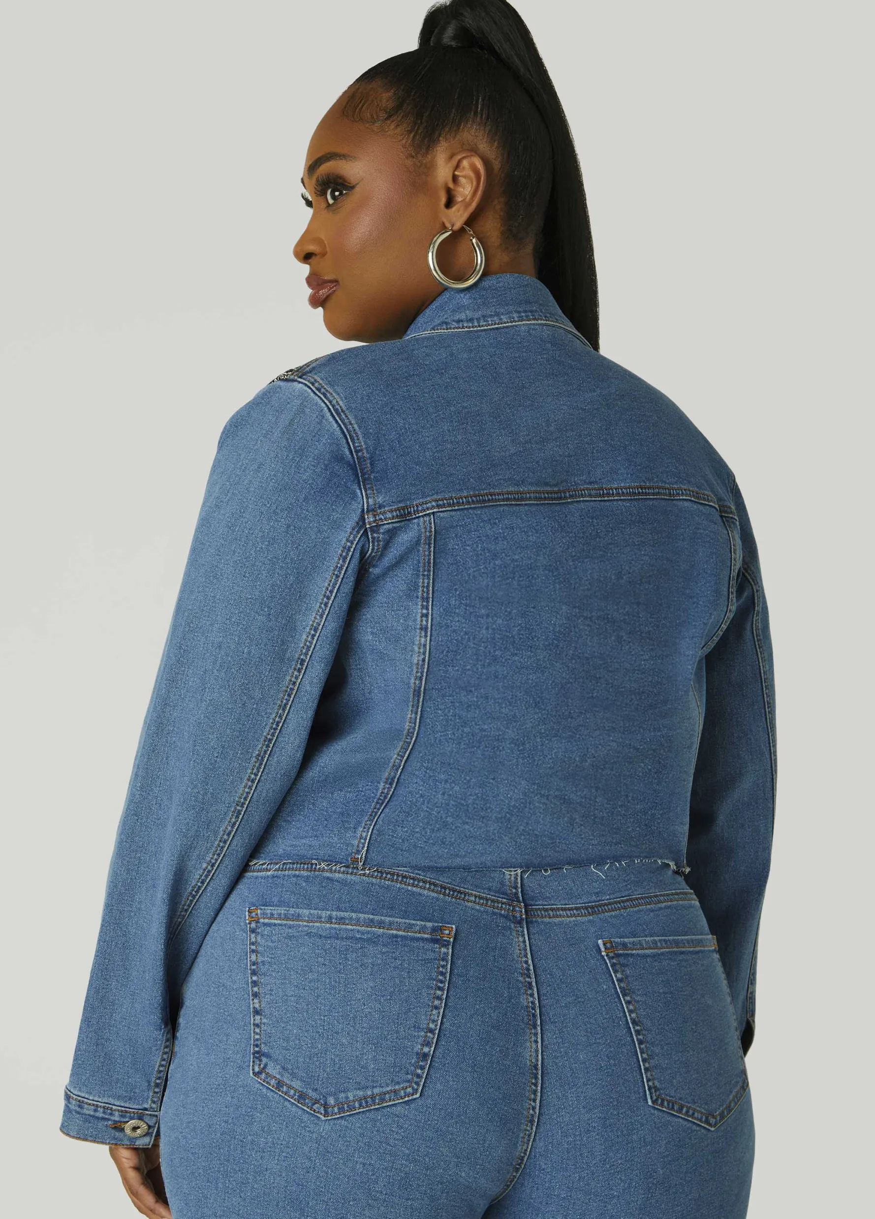 Clearance Ashley Stewart Bandana Print Cropped Denim Jacket Denim Blue