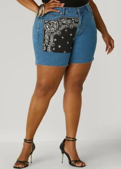 Best Ashley Stewart Bandana Print Denim Shorts Denim Blue