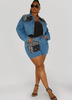 Best Ashley Stewart Bandana Print Denim Shorts Denim Blue