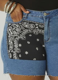 Best Ashley Stewart Bandana Print Denim Shorts Denim Blue