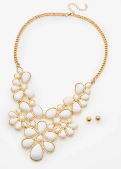 New Ashley Stewart Beaded Floral Necklace Set White