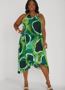 Fashion Ashley Stewart Beaded Watercolor Sharkbite Dress MOSS
