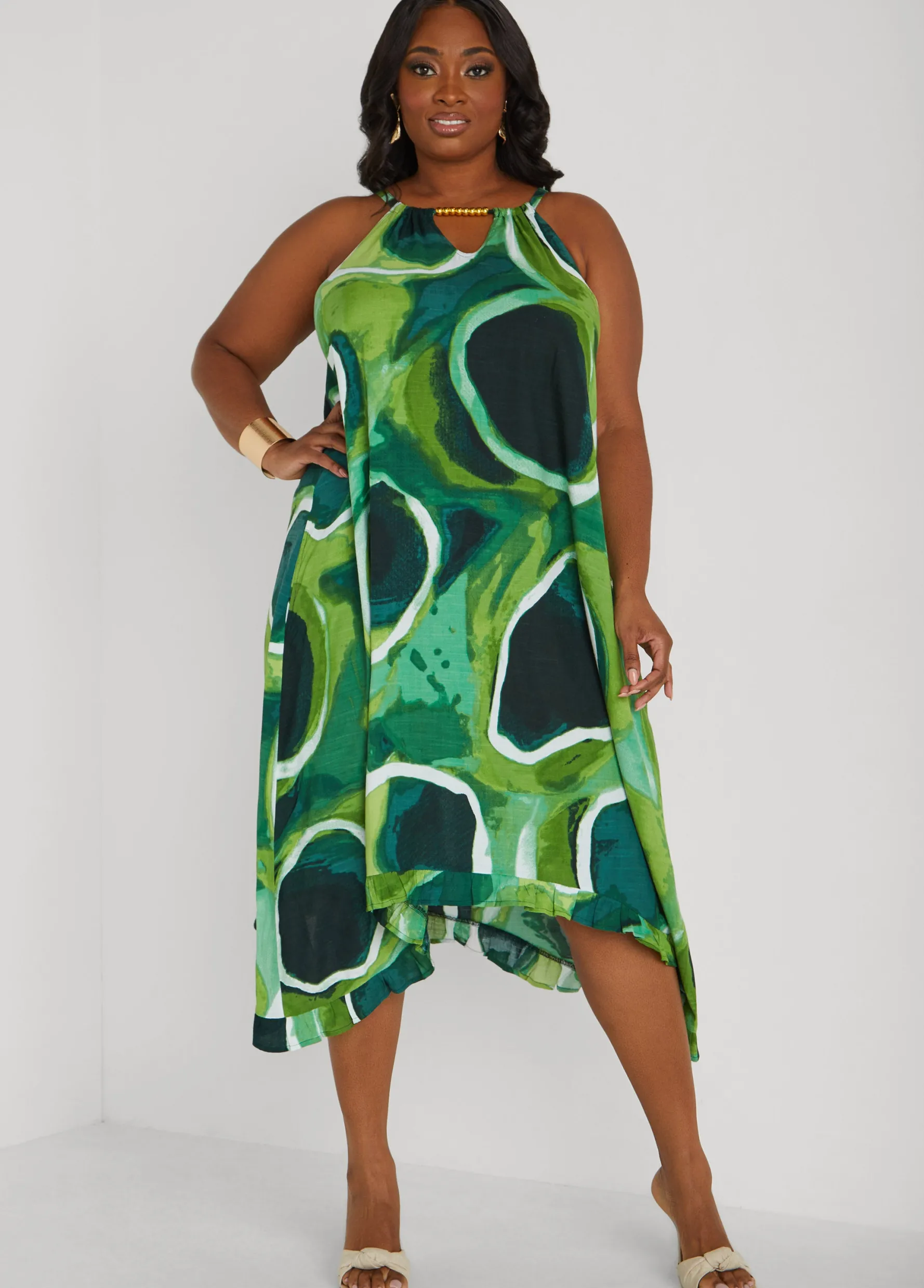 Fashion Ashley Stewart Beaded Watercolor Sharkbite Dress MOSS