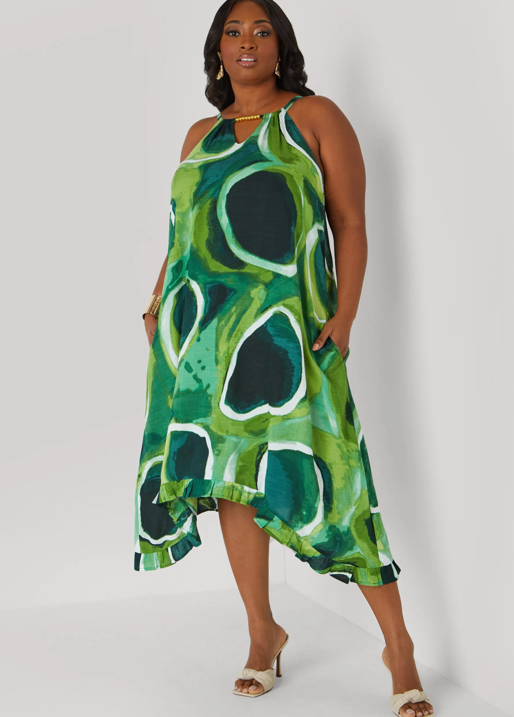 Fashion Ashley Stewart Beaded Watercolor Sharkbite Dress MOSS
