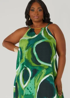 Fashion Ashley Stewart Beaded Watercolor Sharkbite Dress MOSS