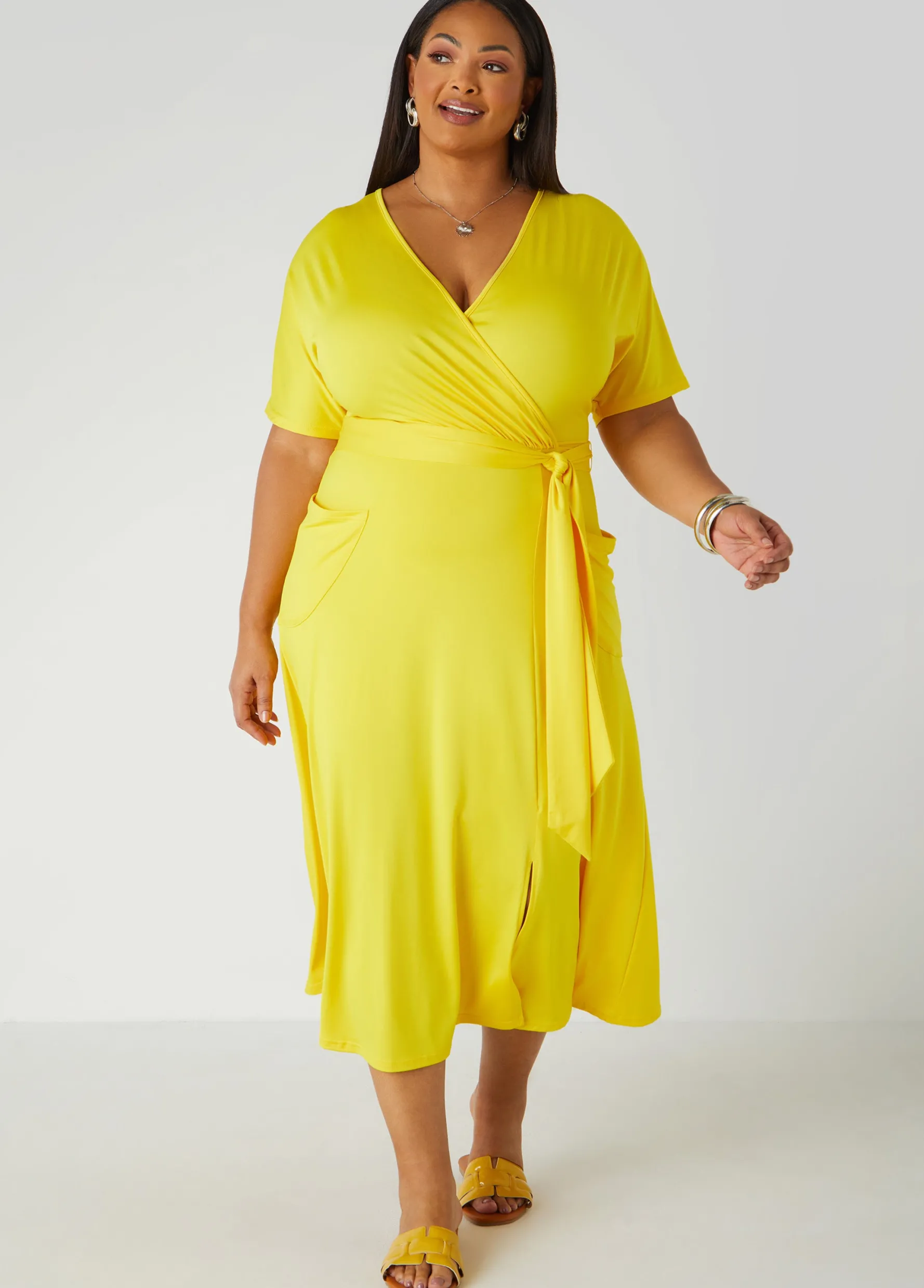 Sale Ashley Stewart Belted Faux Wrap Midi Dress