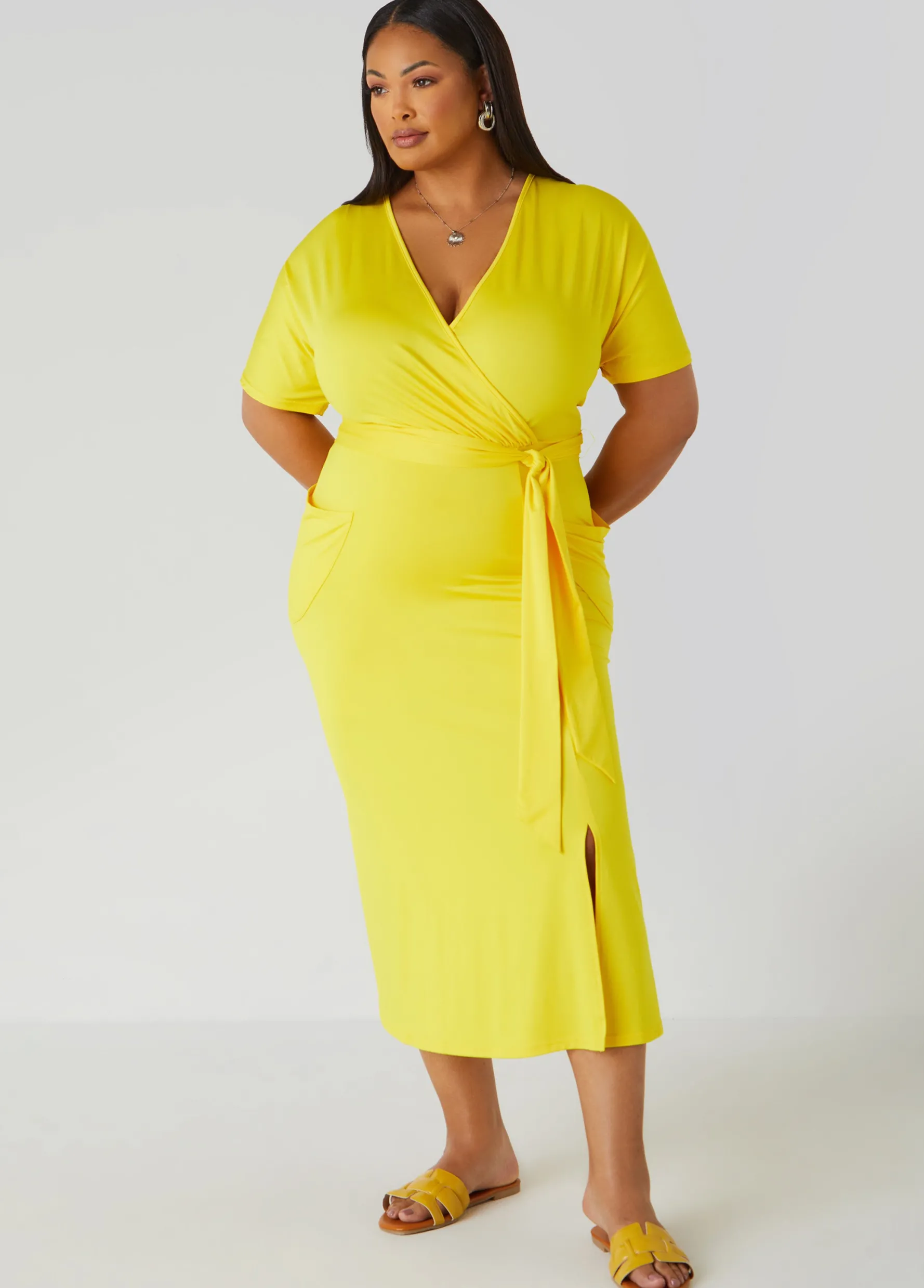 Sale Ashley Stewart Belted Faux Wrap Midi Dress