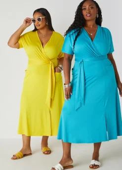 Sale Ashley Stewart Belted Faux Wrap Midi Dress