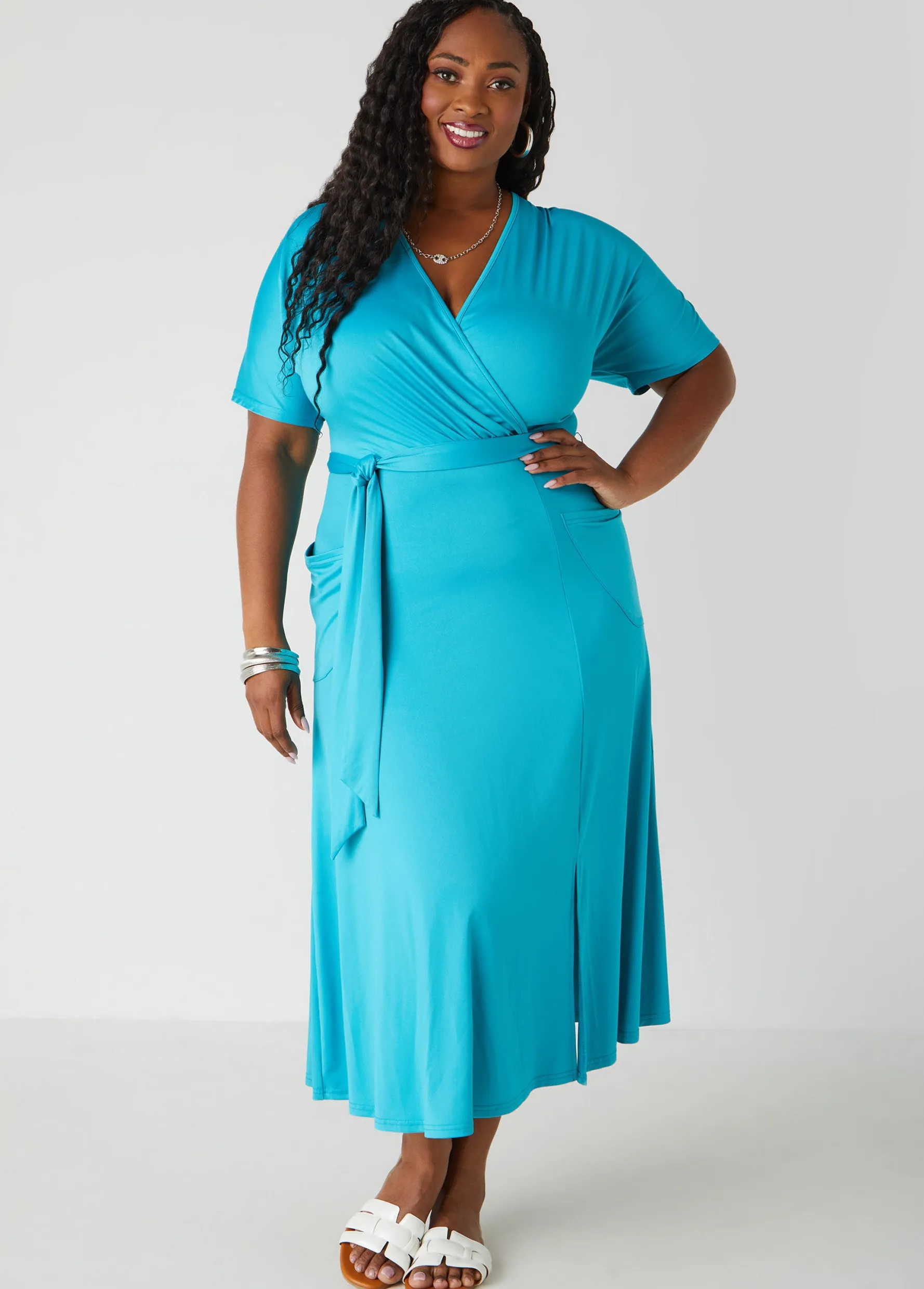 Sale Ashley Stewart Belted Faux Wrap Midi Dress