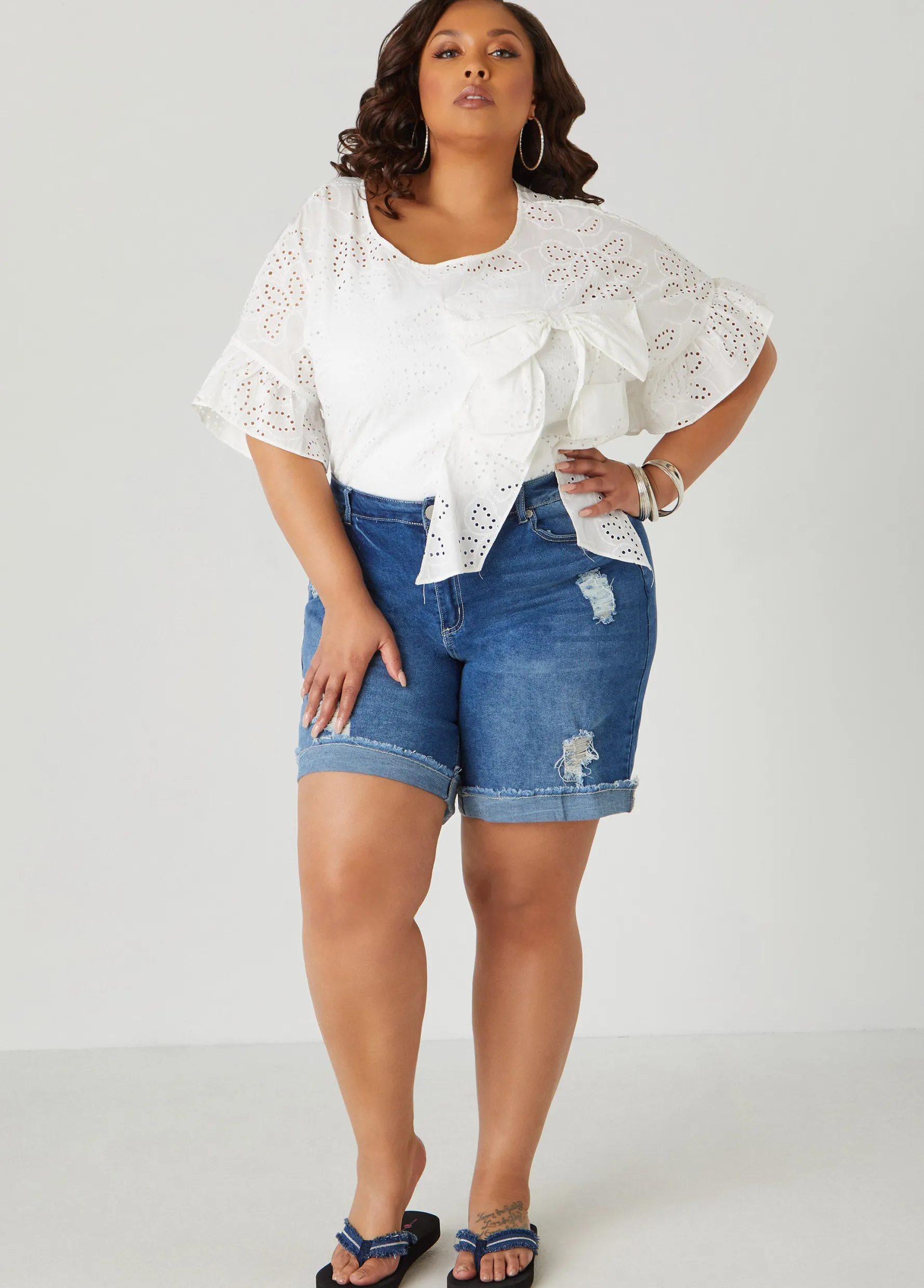 Fashion Ashley Stewart Bow Embellished Eyelet Blouse White