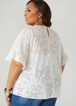 Fashion Ashley Stewart Bow Embellished Eyelet Blouse White