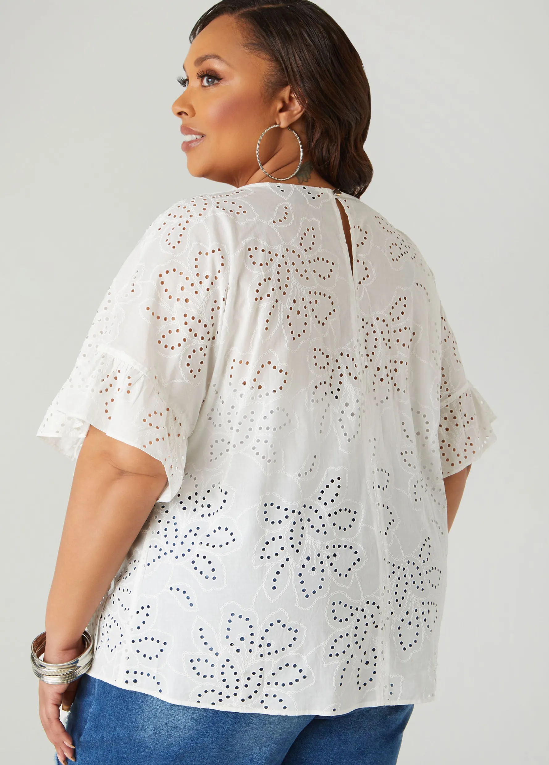 Fashion Ashley Stewart Bow Embellished Eyelet Blouse White