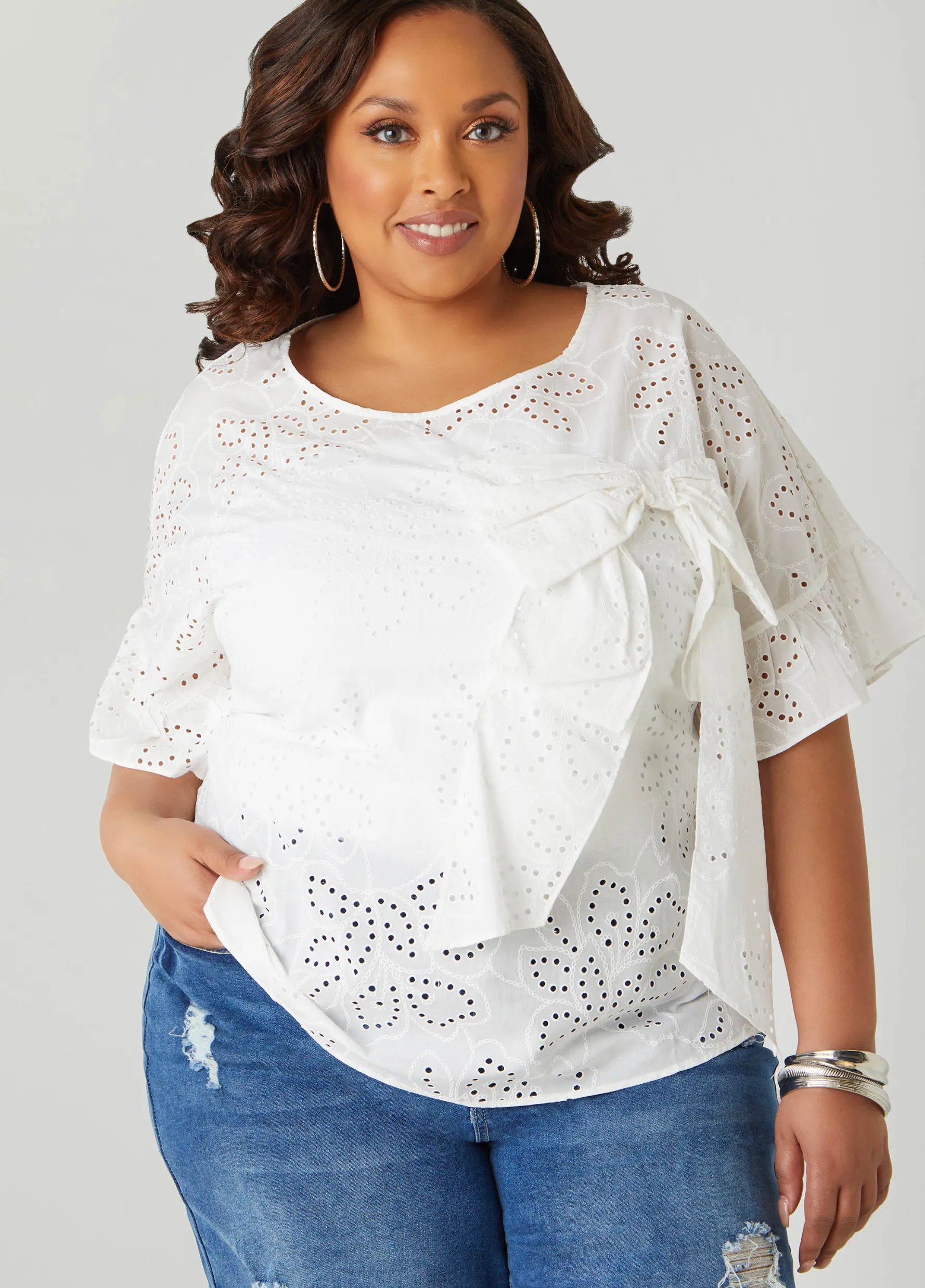 Fashion Ashley Stewart Bow Embellished Eyelet Blouse White