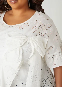 Fashion Ashley Stewart Bow Embellished Eyelet Blouse White