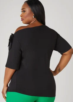 Discount Ashley Stewart Bow Embellished One Shoulder Top Black