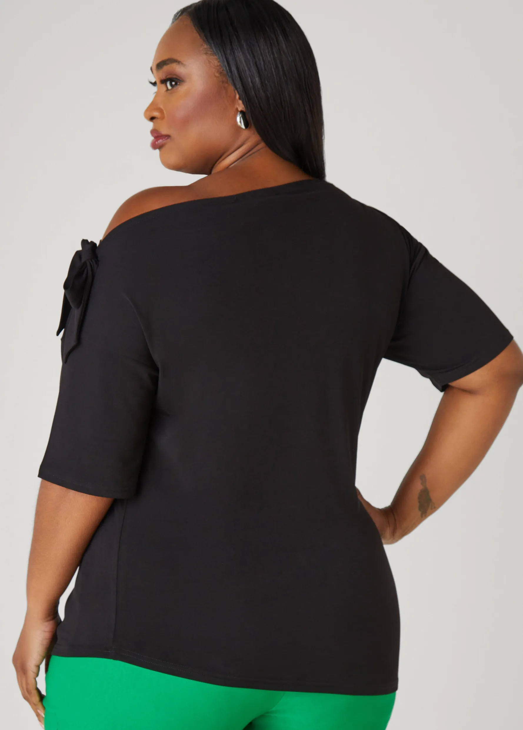 Discount Ashley Stewart Bow Embellished One Shoulder Top Black
