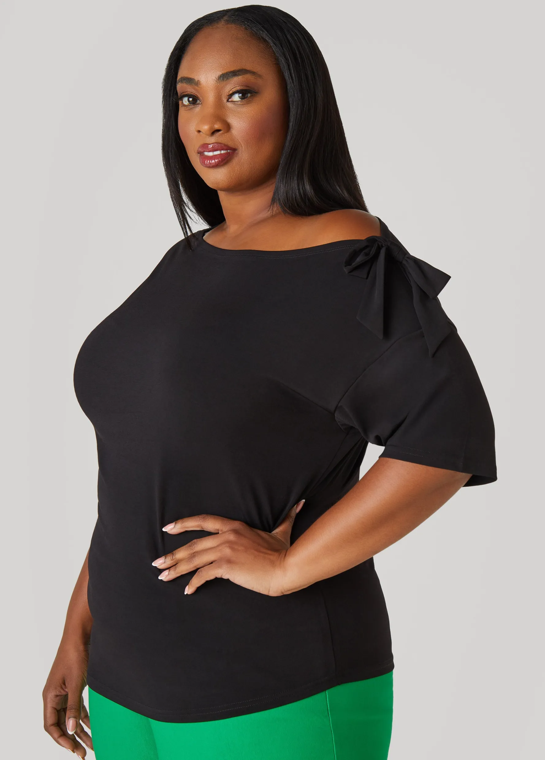 Discount Ashley Stewart Bow Embellished One Shoulder Top Black