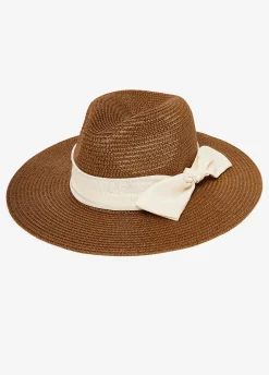 Outlet Ashley Stewart Bow Embellished Straw Hat Brown