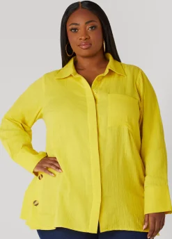 Sale Ashley Stewart Button Detailed Cotton Gauze Shirt