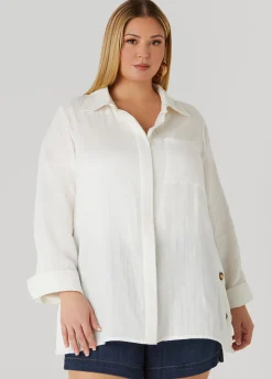 Sale Ashley Stewart Button Detailed Cotton Gauze Shirt