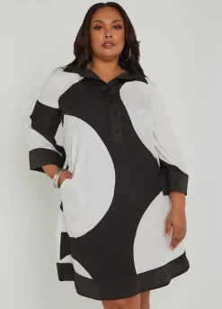 Discount Ashley Stewart Buttoned Circle Print Shirtdress Black White