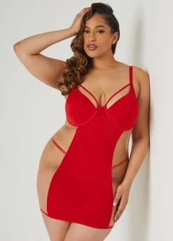 Sale Ashley Stewart Caged Mesh Paneled Chemise Set Red