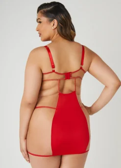Sale Ashley Stewart Caged Mesh Paneled Chemise Set Red