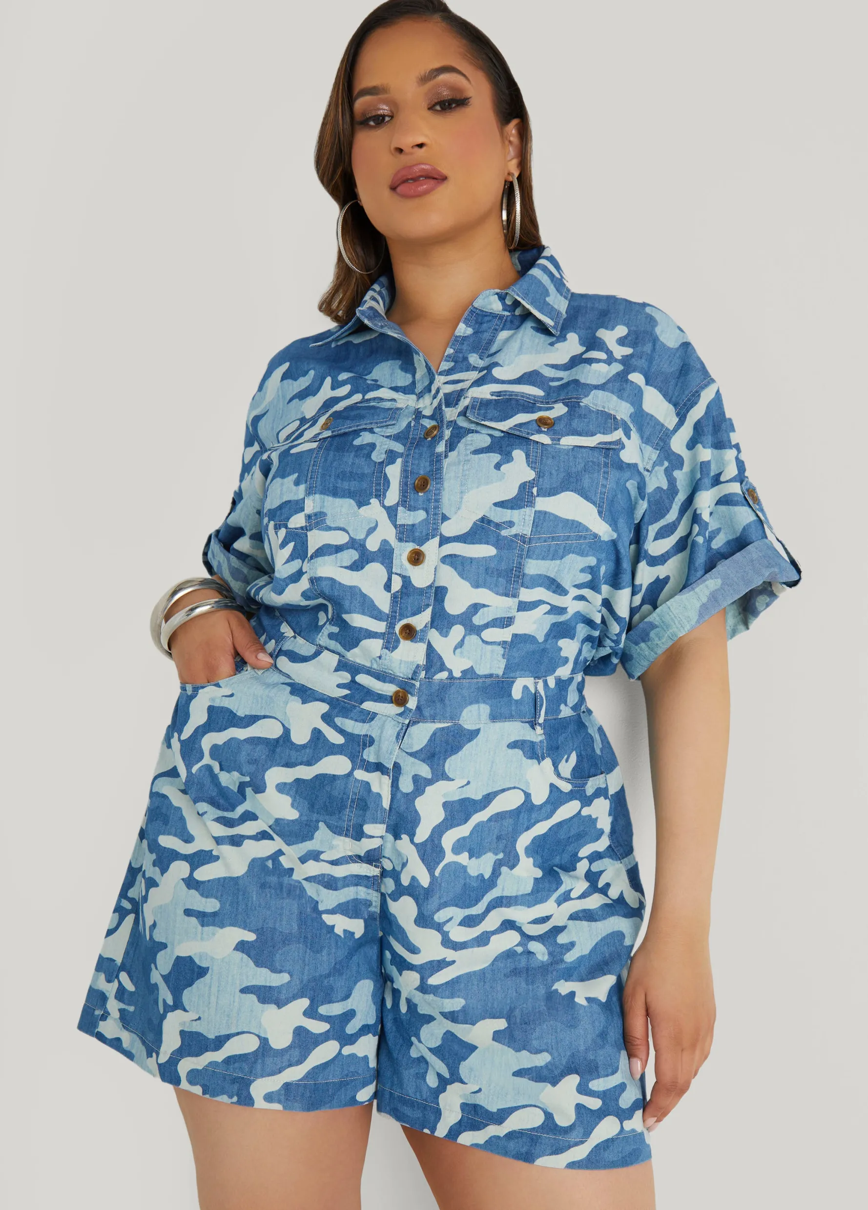 Sale Ashley Stewart Camo Print Romper Denim