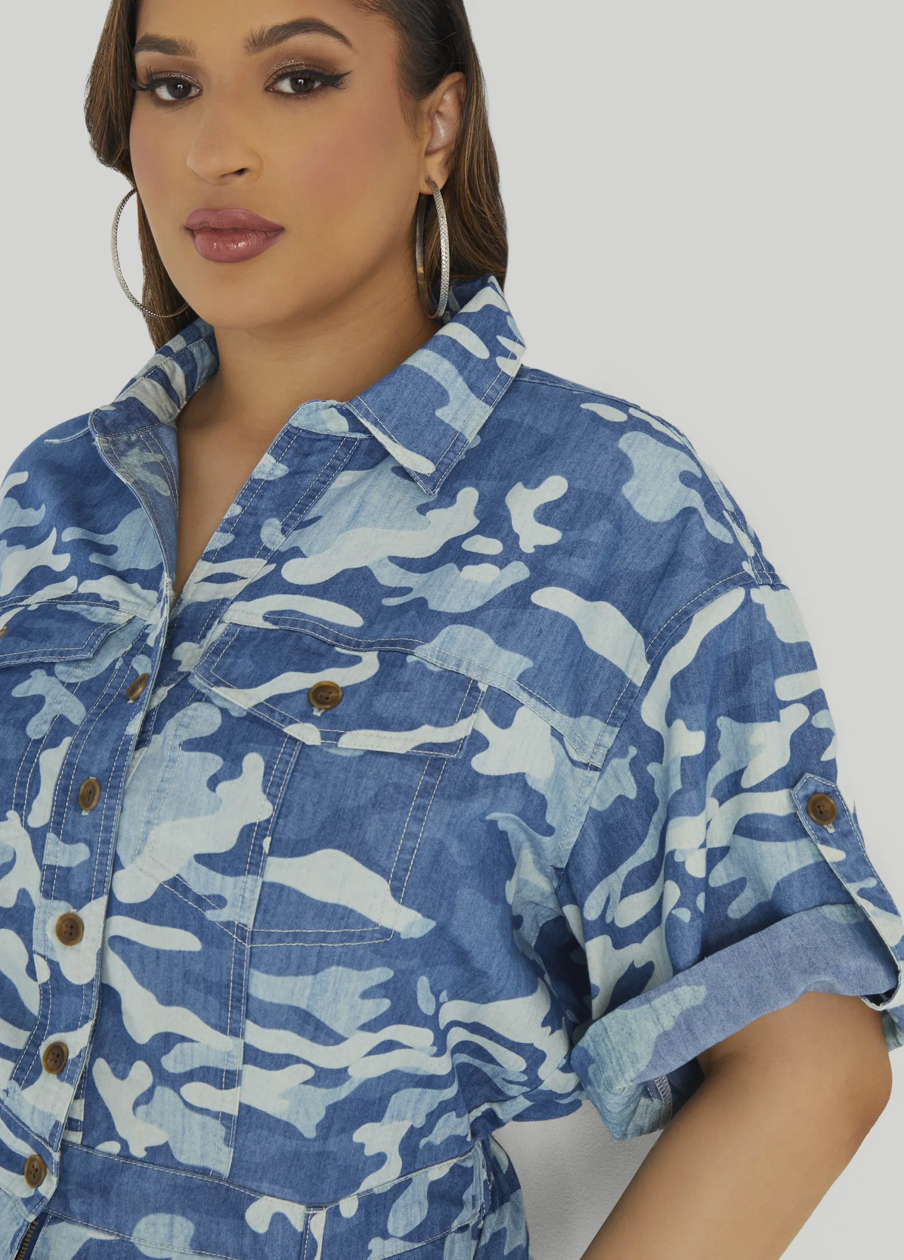 Sale Ashley Stewart Camo Print Romper Denim