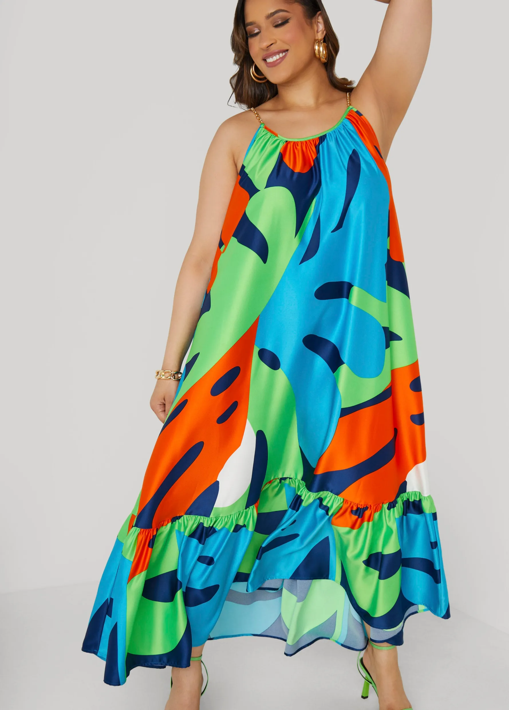Discount Ashley Stewart Chain Trimmed Abstract Maxi Dress Multi