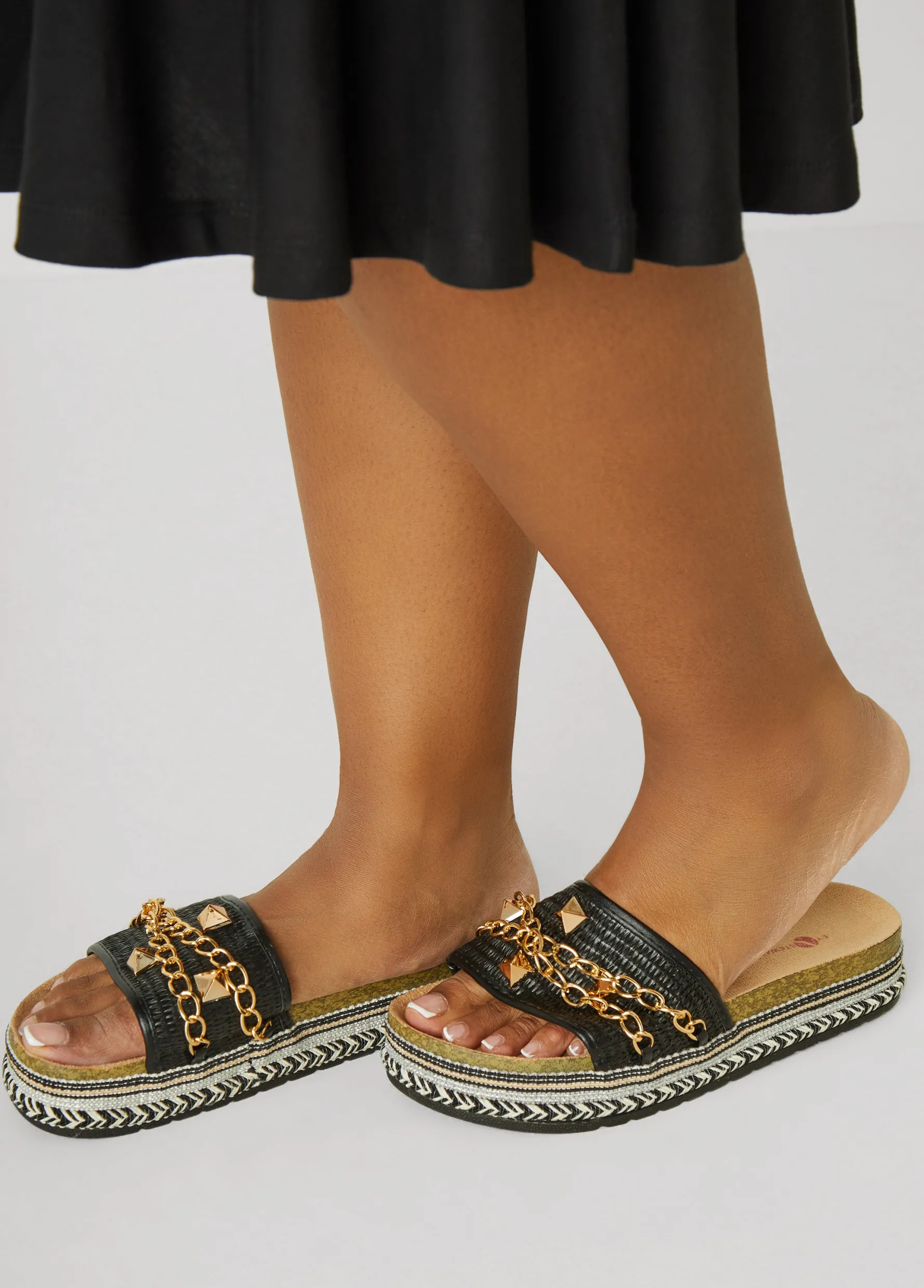 Sale Ashley Stewart Chain Trimmed Faux Leather Sandals Black