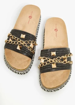 Sale Ashley Stewart Chain Trimmed Faux Leather Sandals Black