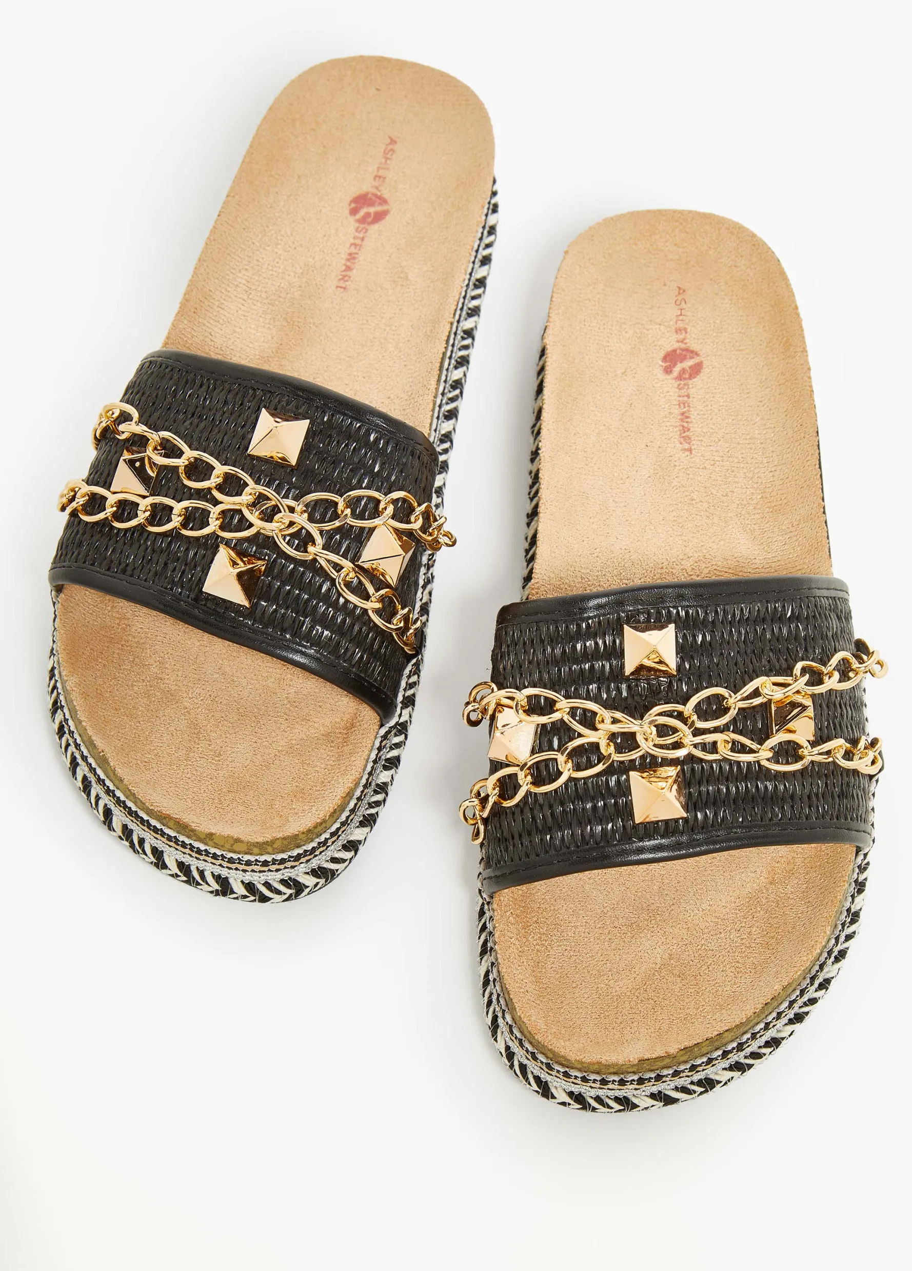 Sale Ashley Stewart Chain Trimmed Faux Leather Sandals Black