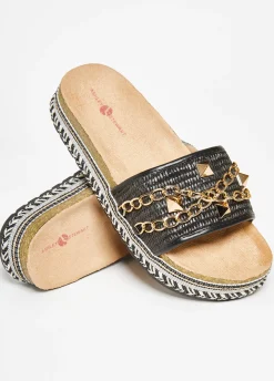 Sale Ashley Stewart Chain Trimmed Faux Leather Sandals Black