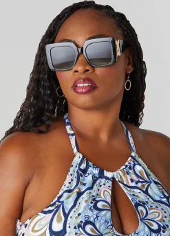 New Ashley Stewart Chain Trimmed Square Sunglasses Black