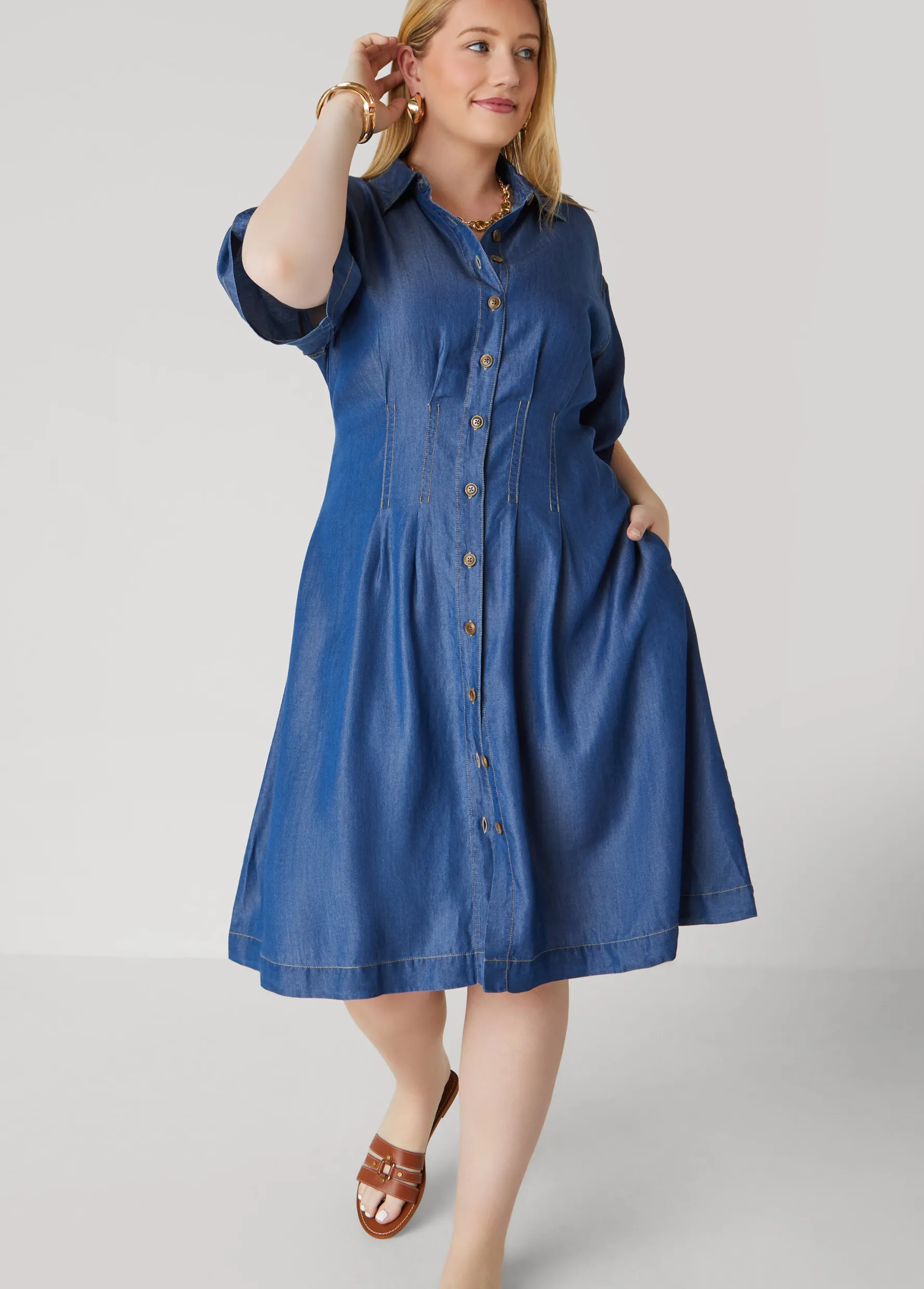 Discount Ashley Stewart Chambray A Line Shirtdress Denim