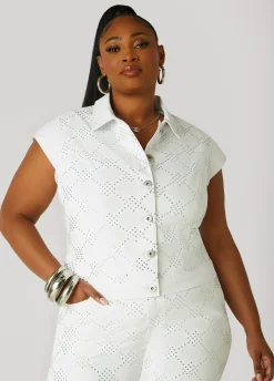 Sale Ashley Stewart Checked Crystal Denim Vest White