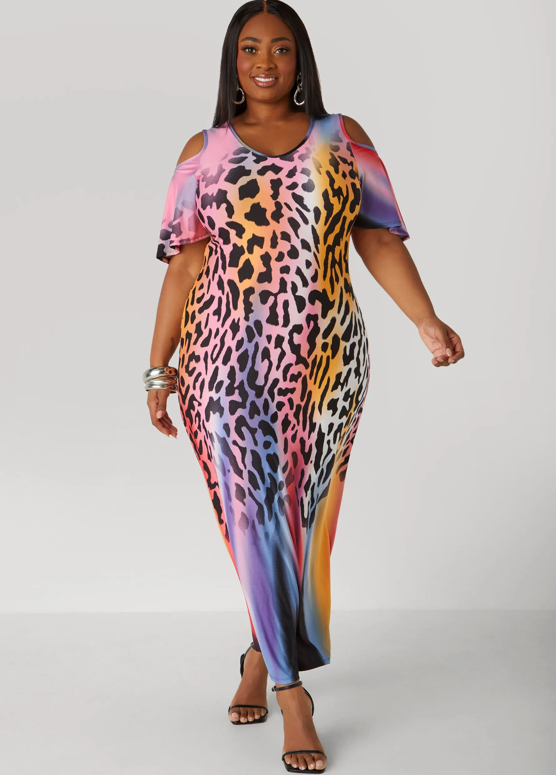 Fashion Ashley Stewart Cold Shoulder Leopard Maxi Dress Black Animal