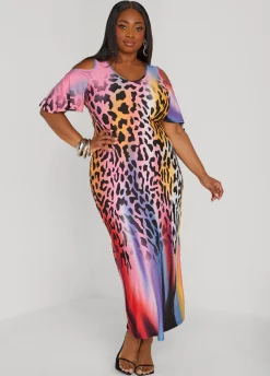 Fashion Ashley Stewart Cold Shoulder Leopard Maxi Dress Black Animal