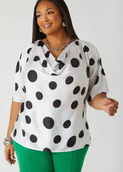 Online Ashley Stewart Cowl Neck Polka Dot Blouse White Black