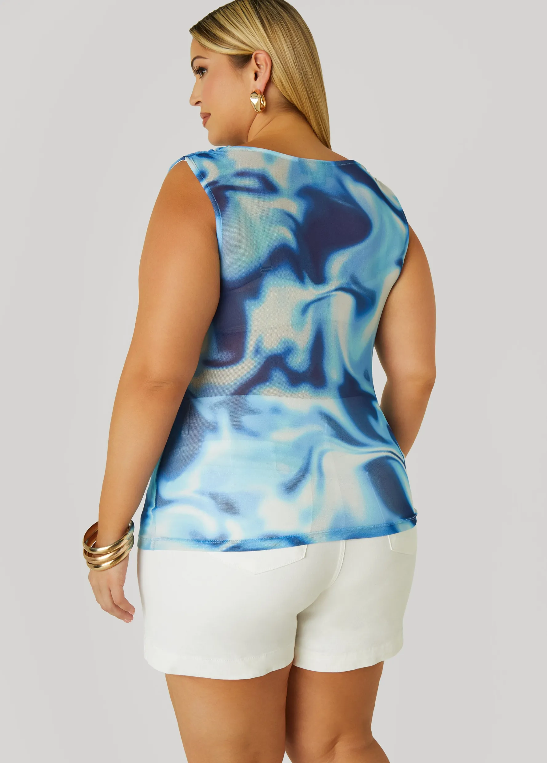 Fashion Ashley Stewart Cowl Neck Watercolor Mesh Top Multi