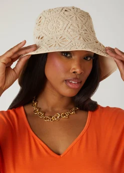 Sale Ashley Stewart Crochet Bucket Hat Tapioca Cream