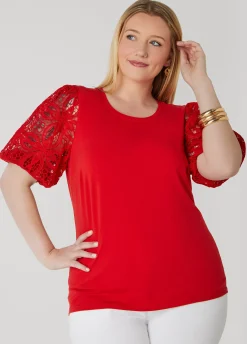 Best Ashley Stewart Crochet Sleeved Jersey Tee Aura Orange